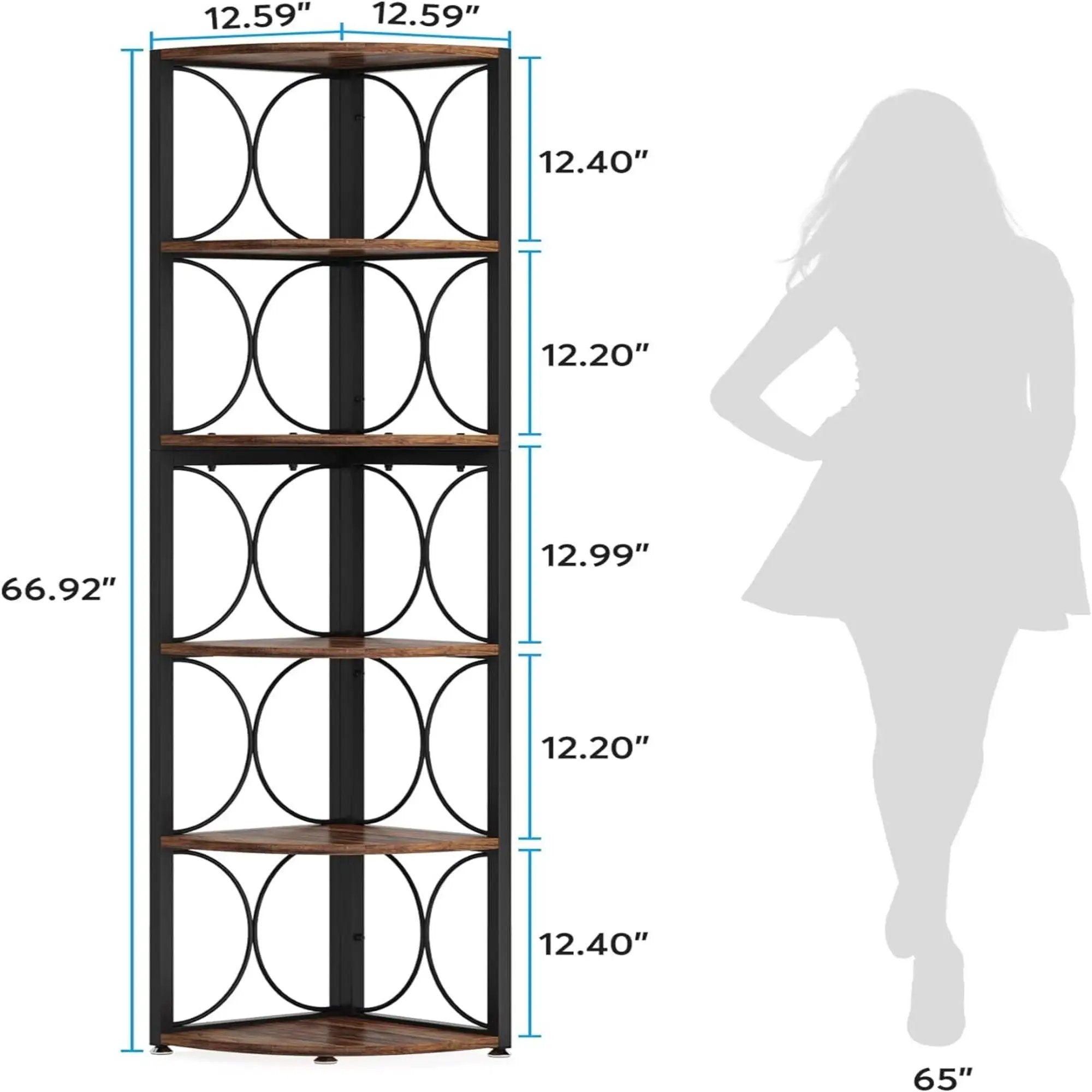 Tall 6 Tier Corner Bookshelf Storage Rack For Living Room - Rustic Brown by HouseOfZazla