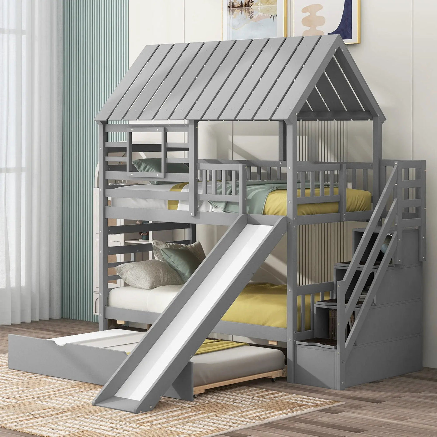 House Bunk Bed With Trundle, Storage Staircase, Roof And Window Design by Unique Piece Furniture
