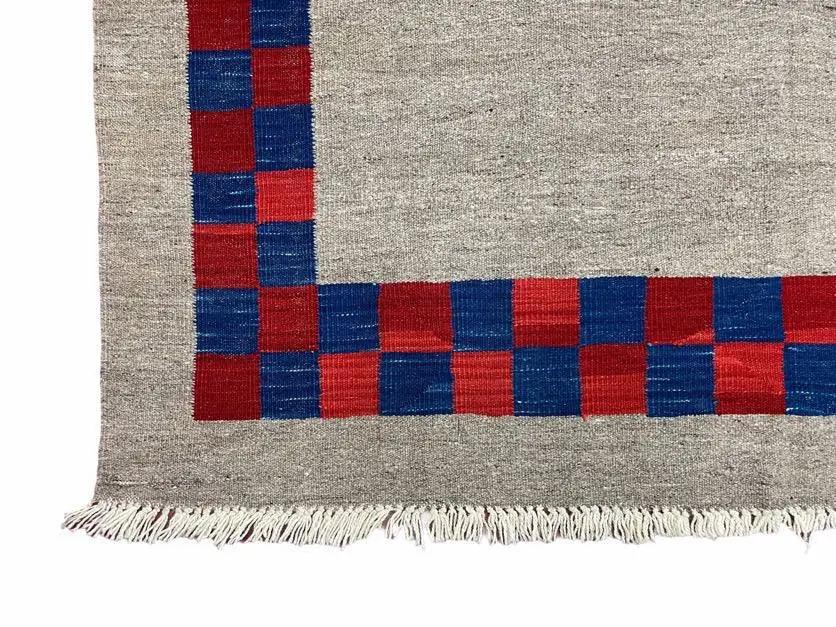 5' 7" x 7' 9" Geometric Kilim Carpet, Gray, Handmade, Hand-Knotted Area Rug, Blue & Red, Flatweave, Wool, New, Checkerboard Pattern by Jewel Rugs