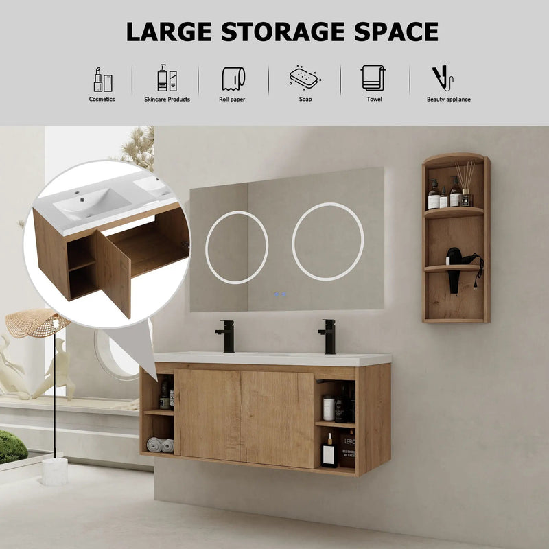 Modern 48" Wall Mounted Bathroom Vanity With Double Resin Sink And Storage Rack Soft Close Doors - Imitative Oak by Unique Piece Furniture