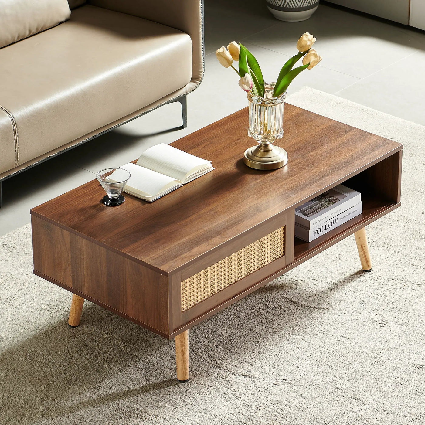 41.34" Rattan Coffee Table, Sliding Door For Storage, Solid Wood Legs, Modern Table For Living Room by HouseOfZazla