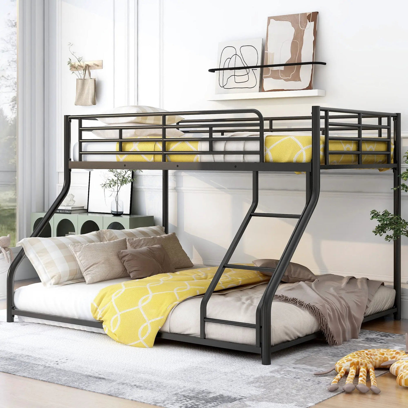 Metal Floor Bunk Bed With Sloped Ladder, Space Saving Design by HouseOfZazla