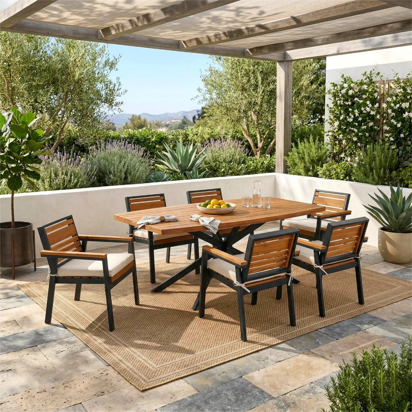 Modern 7-Piece Dining Set with Acacia Wood and Iron Frame by HouseOfZazla