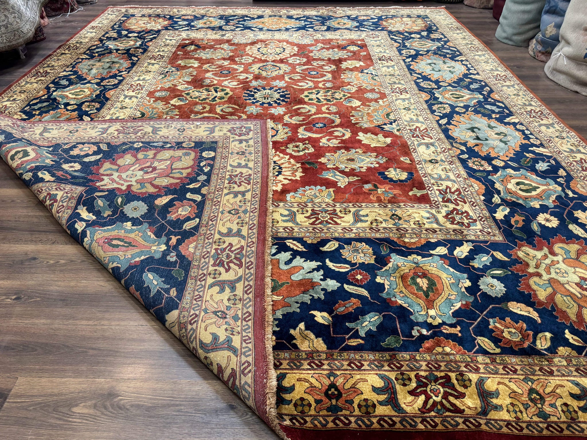 Palace Size Indo Persian Rug 12x15, Sultanabad Mahal Carpet, Red Navy Blue, Fine 210 KPSI by Jewel Rugs