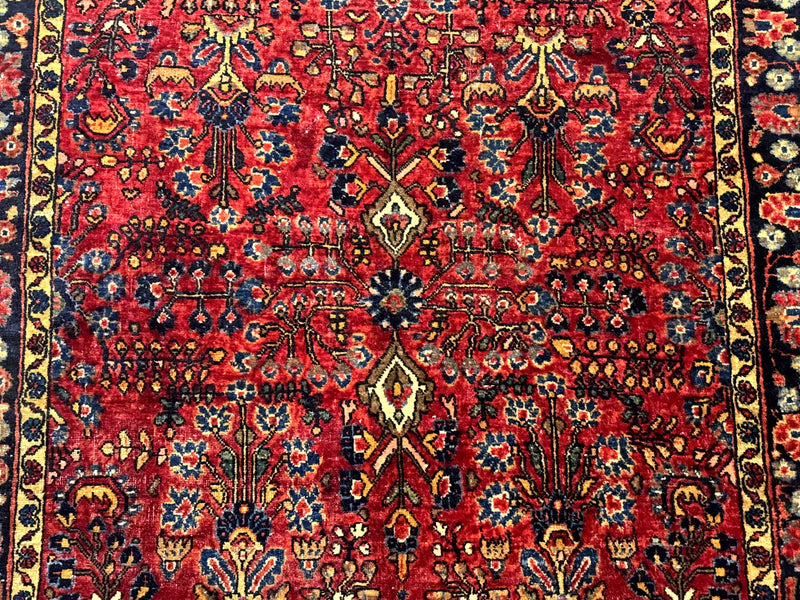 Antique Persian Sarouk Rug 3x4, Red, Floral, 1920s Wool Rug by Jewel Rugs