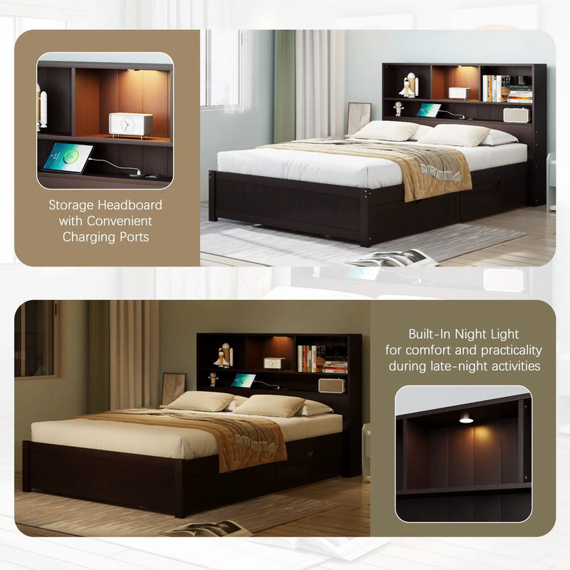 Platform Bed With Bookcase Headboard, Built-In Downlight, Charging Station, And 2 Side Drawers
