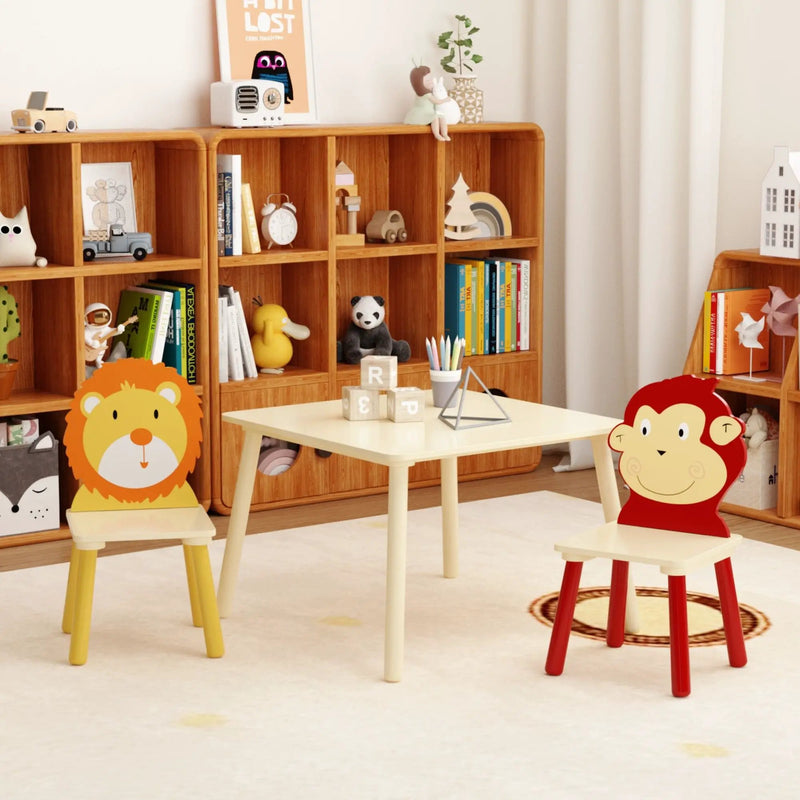 Kids Table And 2 Chairs Set, 3 Pieces Toddler Table And Chair Set, Wooden Activity Play Table Set (Lion&Monkey) - Natural by HouseOfZazla