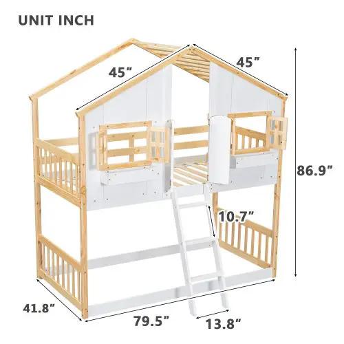 House Bunk Bed With Roof, Window, Window Box, Door, With Safety Guardrails And Ladder by HouseOfZazla