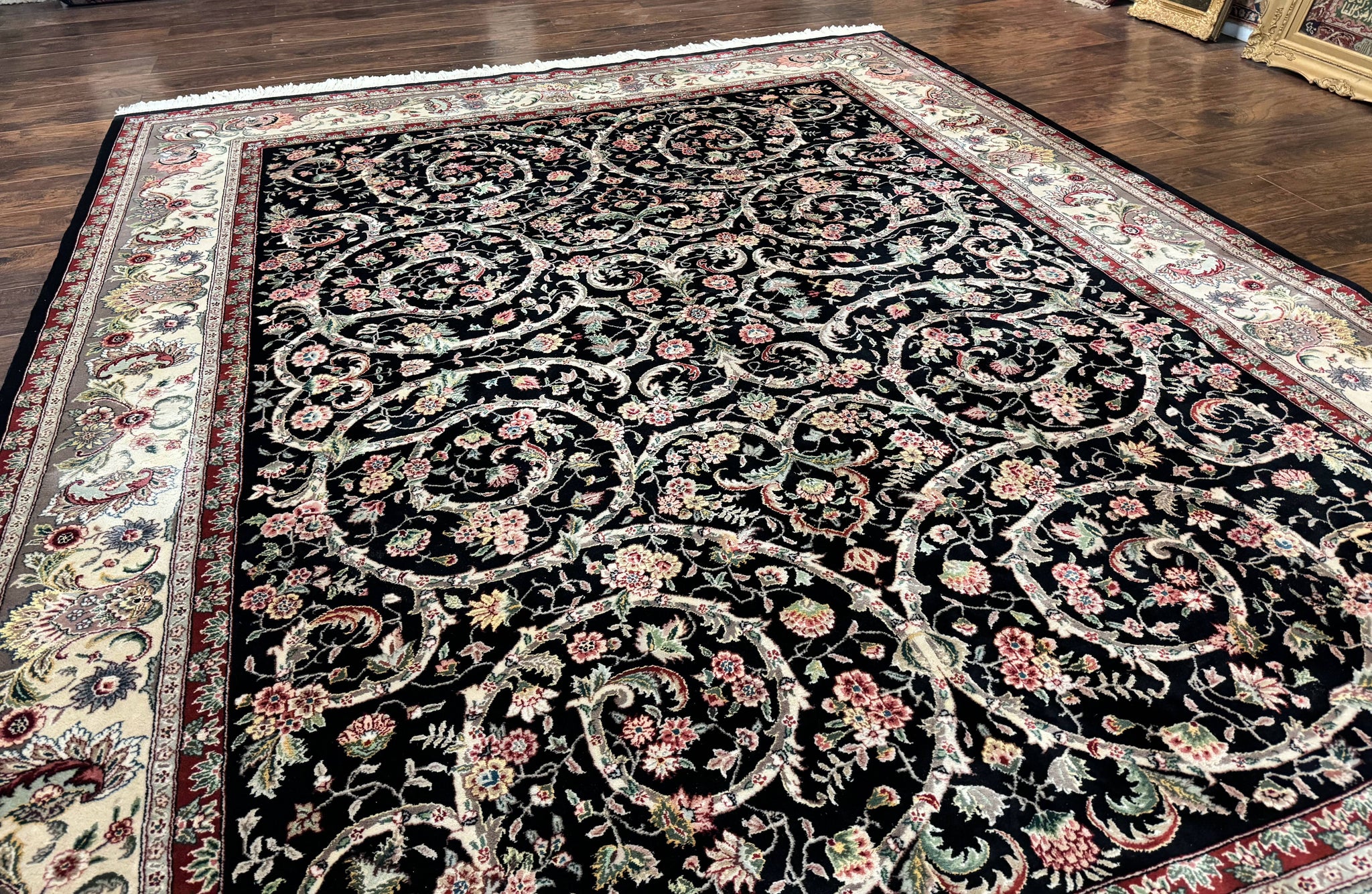 Black Pak Persian Rug 8x11, Floral Pattern, Hand Knotted Vintage Wool Rug with Silk Highlights, Fine 200 KPSI by Jewel Rugs