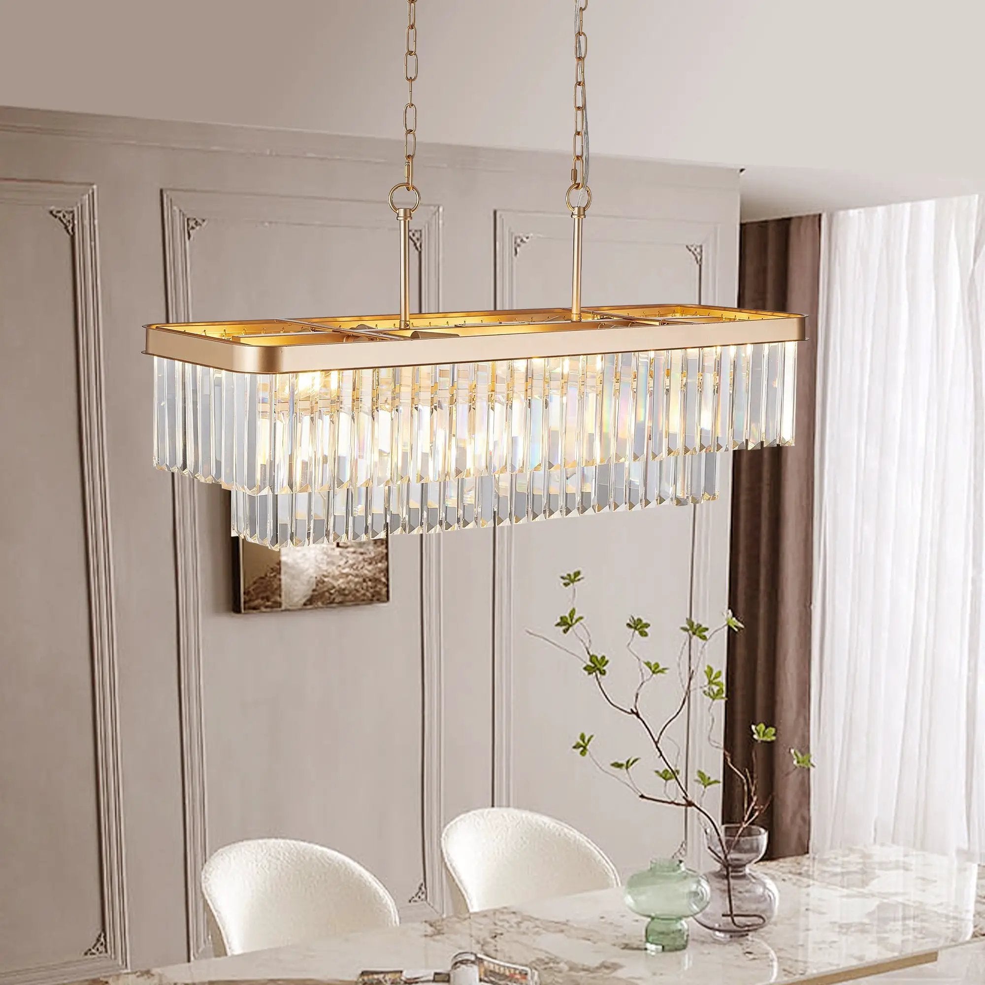 Rectangular Crystal Chandelier Adjustable Gold Iron Ceiling Light by HouseOfZazla