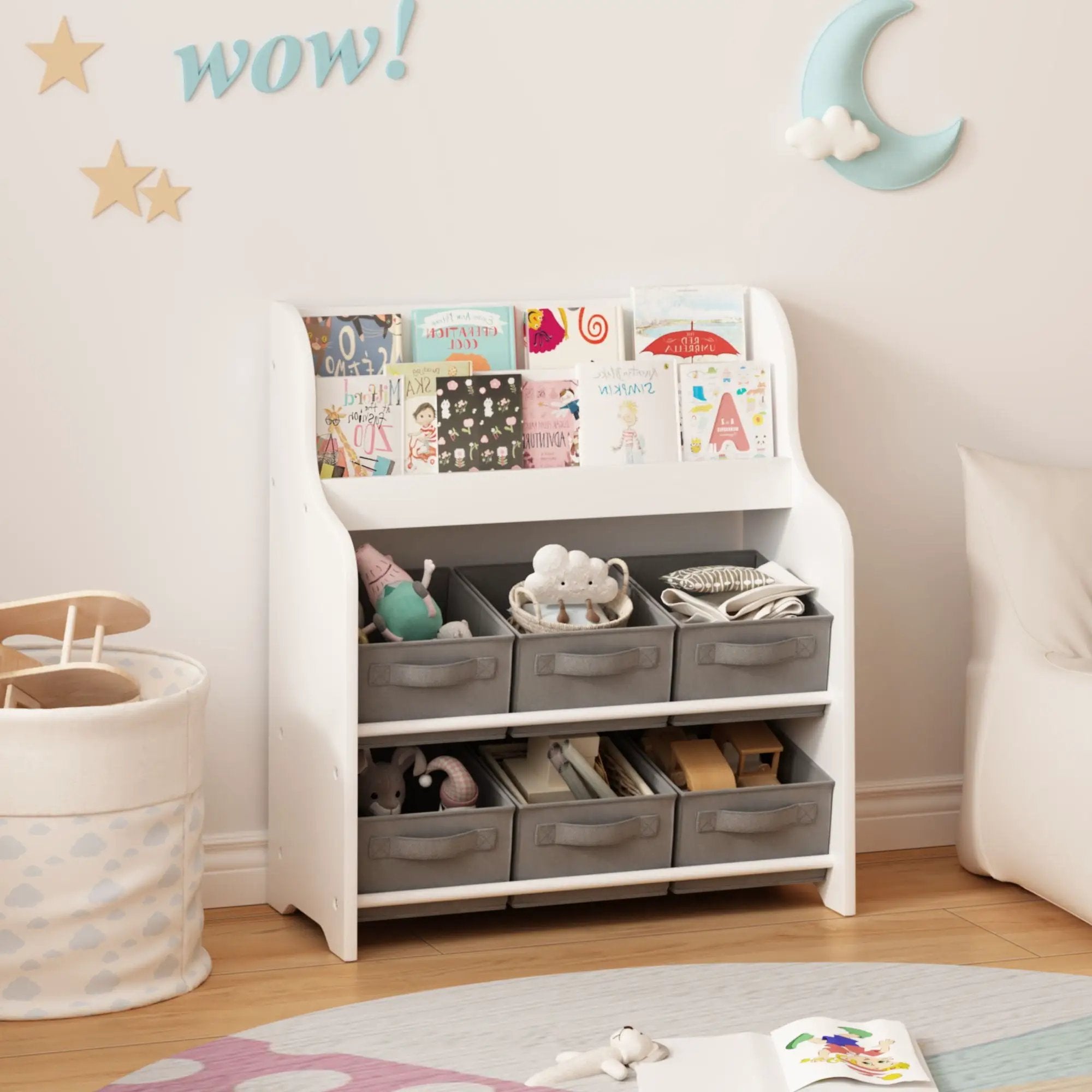 Bookshelf With 6 Storage Bins, Multi Functional Children's Bookcase And Toy Organizer - White by Unique Piece Furniture
