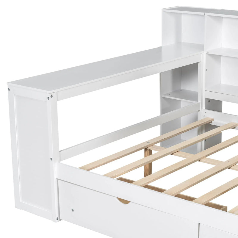 Platform Bed With Storage Shelves, Drawers, Charging Station, LED, Desk