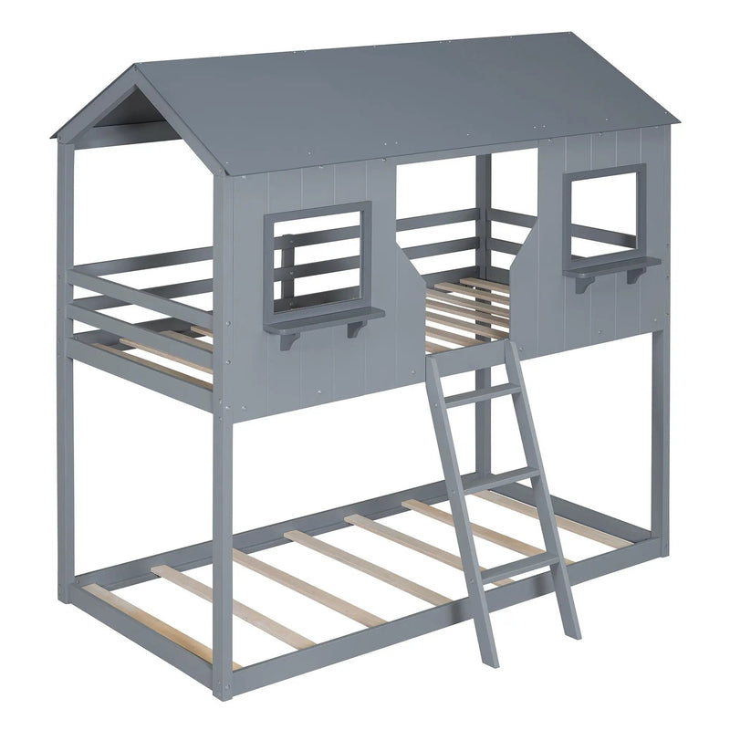 Twin Over Twin Bunk Bed With Roof, Window, Guardrail, Ladder by HouseOfZazla