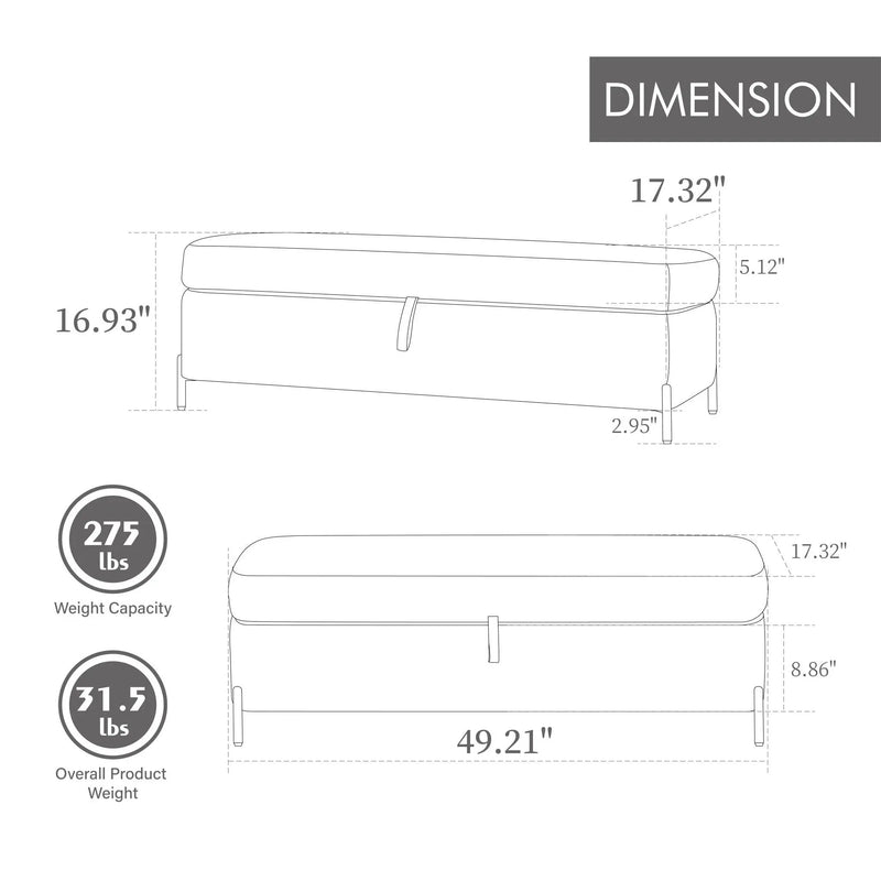 Wide Upholstered Storage Soft Bench Ottoman With Metal Legs by Unique Piece Furniture