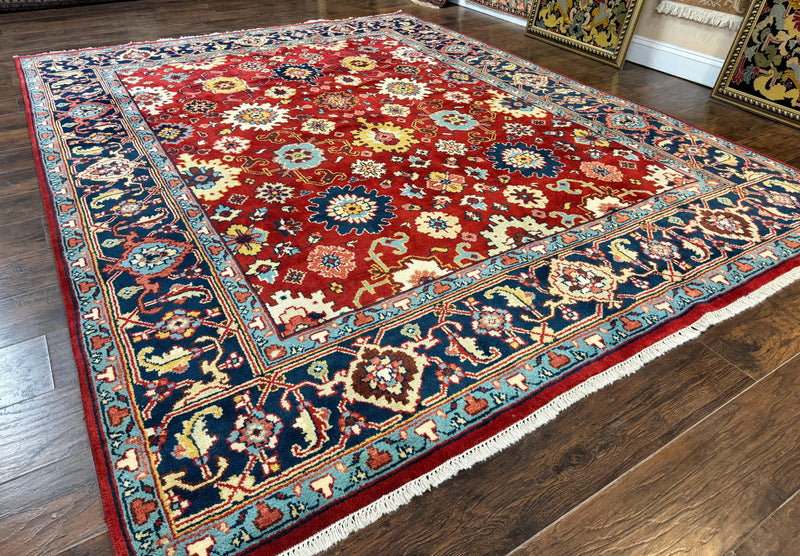 Indo Heriz Rug 8x10, Red and Navy Blue, Allover Pattern, Wool Handmade Carpet by Jewel Rugs