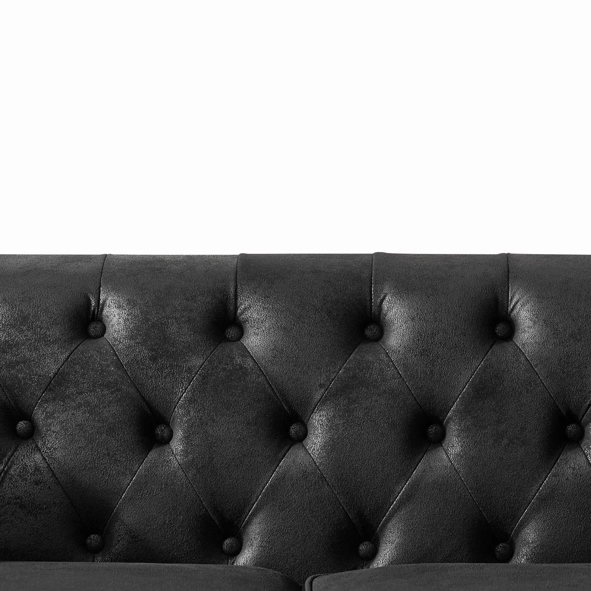 Chesterfield Sofa, High Tech Fabric Roll Armrest, 3 Seater Mid Century Modern Couch - Black by HouseOfZazla