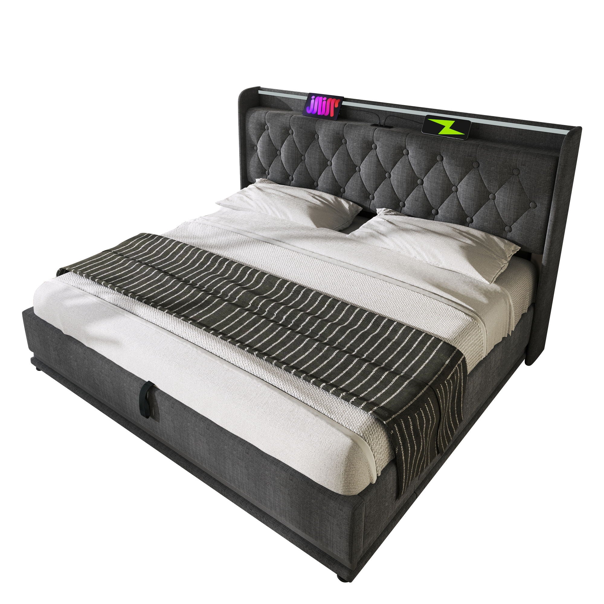 Upholstered Bed, 360 Surround LED Function, Remote Control, Hydraulic Storage Bed With USB, Type-C Charging (Without Mattress) by HouseOfZazla