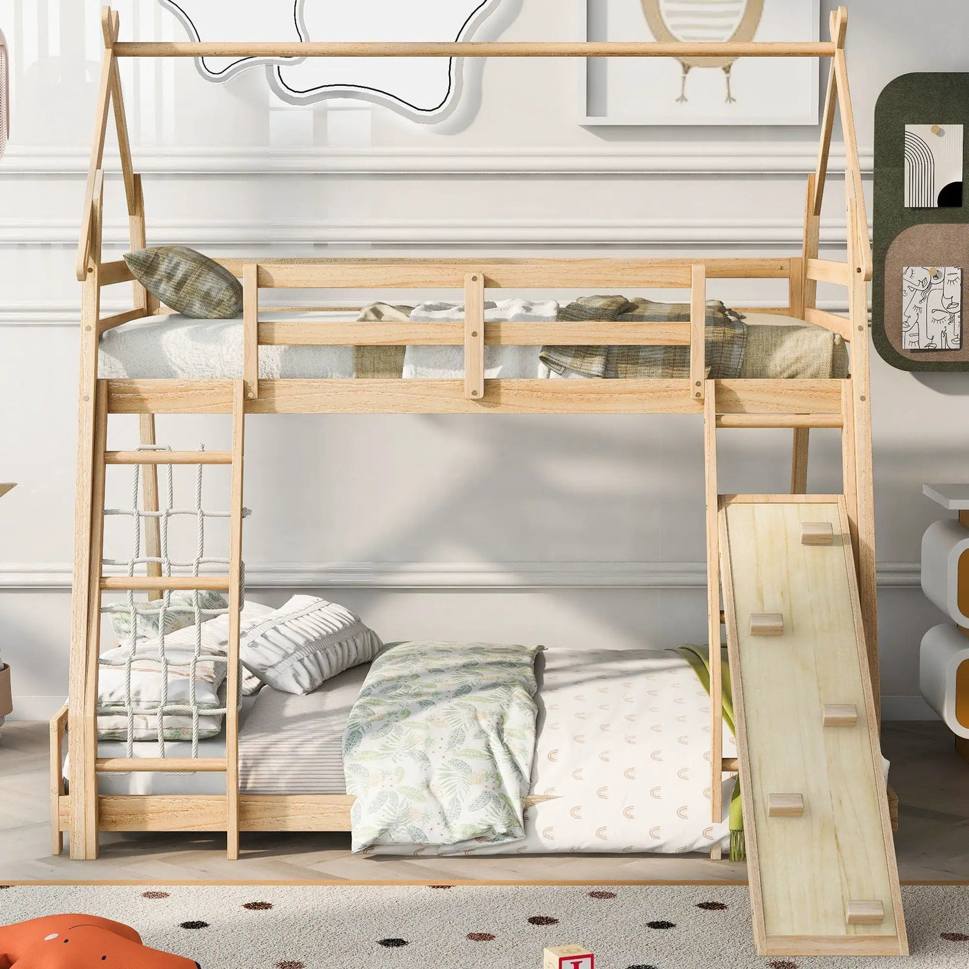 Georgiana - Twin Over Queen House Bunk Bed With Climbing Nets And Climbing Ramp by Unique Piece Furniture