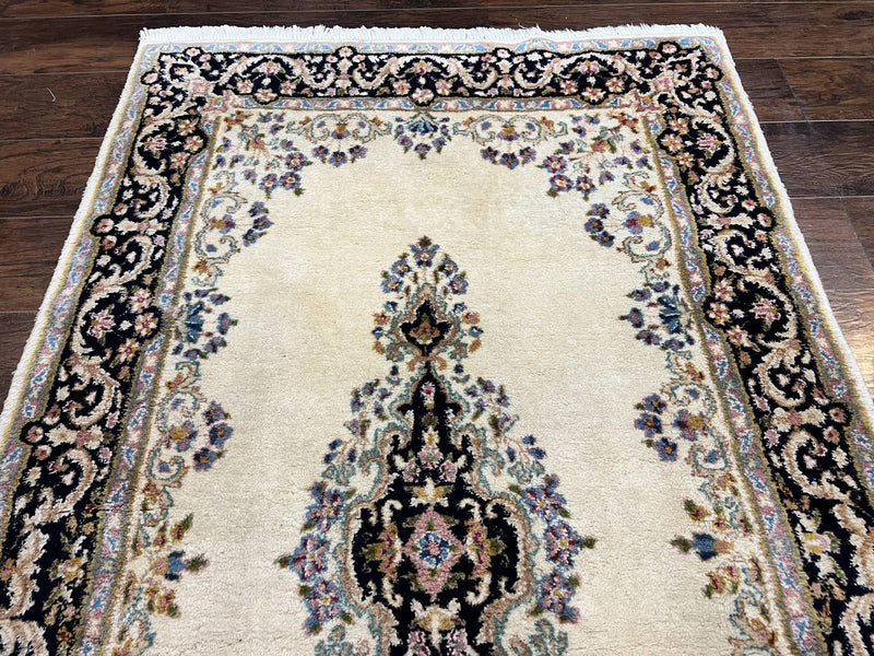 Persian Kirman Rug 4x7, Wool Hand Knotted Antique Carpet, Beige, Semi Open Field Medallion Rug, Traditional Handmade Oriental Rug by Jewel Rugs