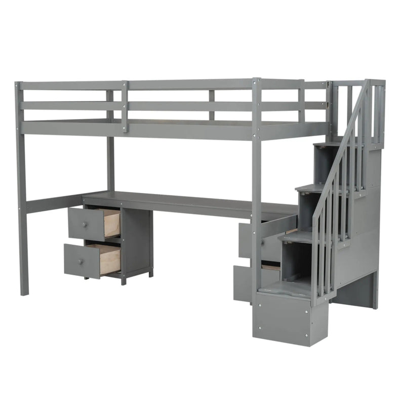Loft Bed Frame With Built In Desk And Double Storage Drawers