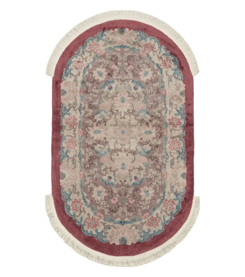 Oval Chinese Art Deco Rug 3x5 Vintage Wool Carpet by Jewel Rugs