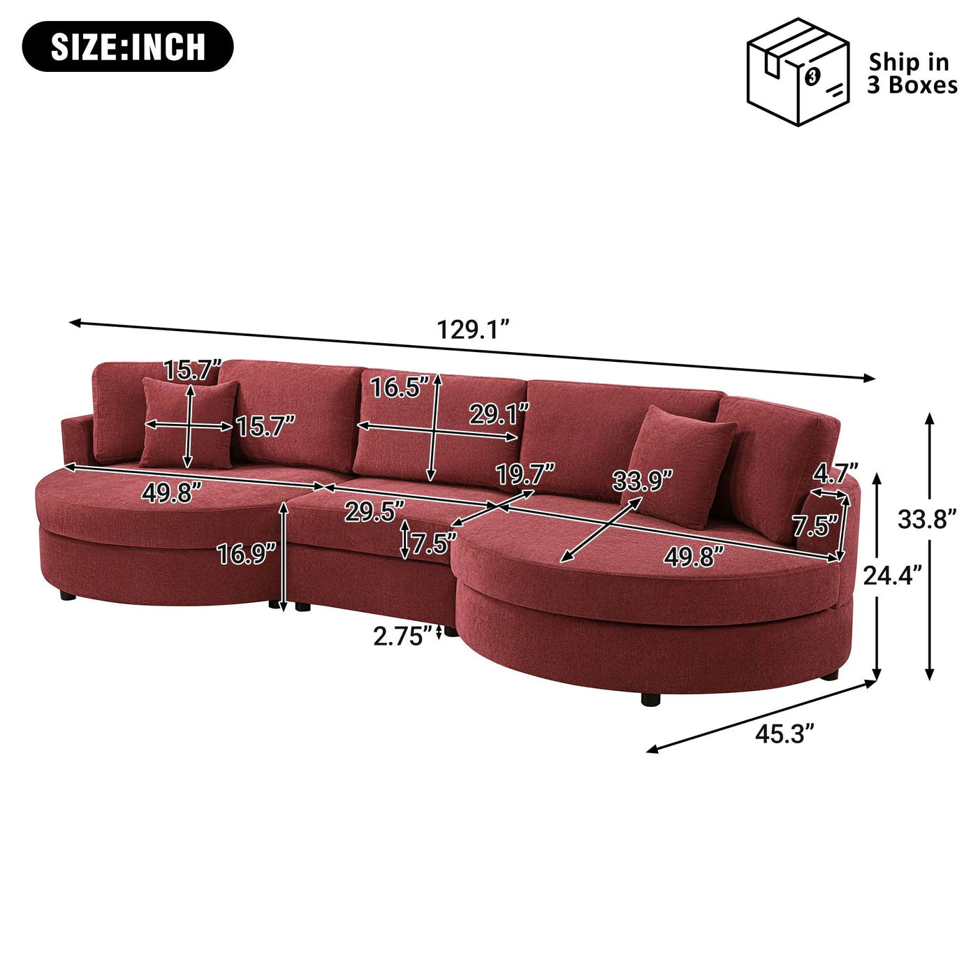 Modern 3 Seater Upholstered Sofa With Curved Design by HouseOfZazla
