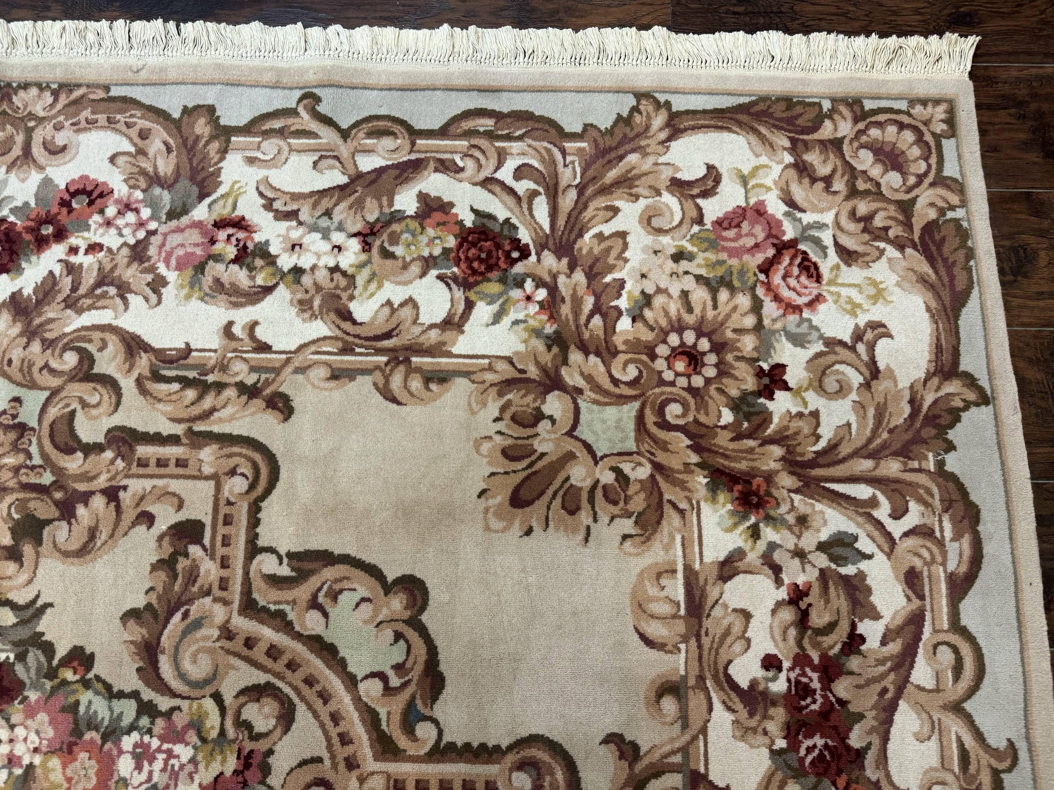 Aubusson Rug 8x12, European French Savonnerie Design, Thick Wool Pile, Elegant Rug, Cream Beige Light Green by Jewel Rugs