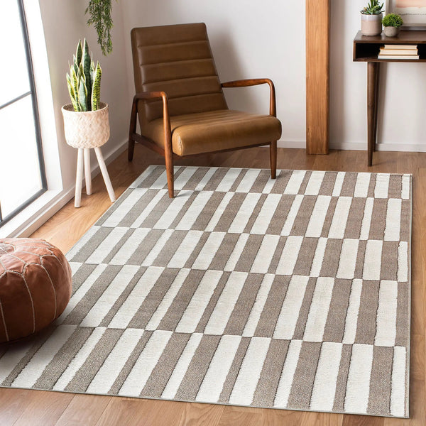 Step Collection High-Low Striped Beige/Cream Indoor Area Rug