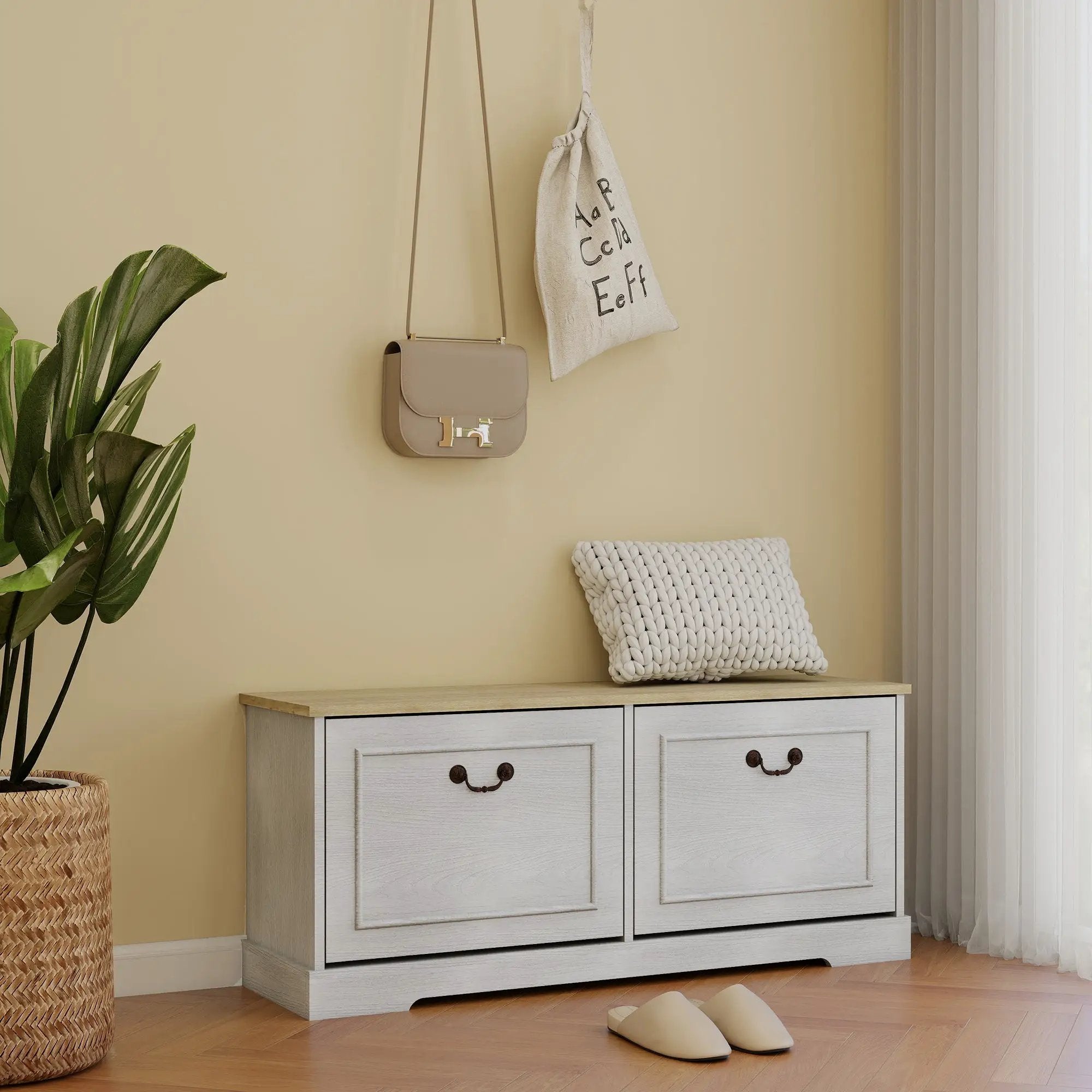 Shoe Storage Bench with 2 Flip Drawers and Adjustable Shelf - Antique by HouseOfZazla
