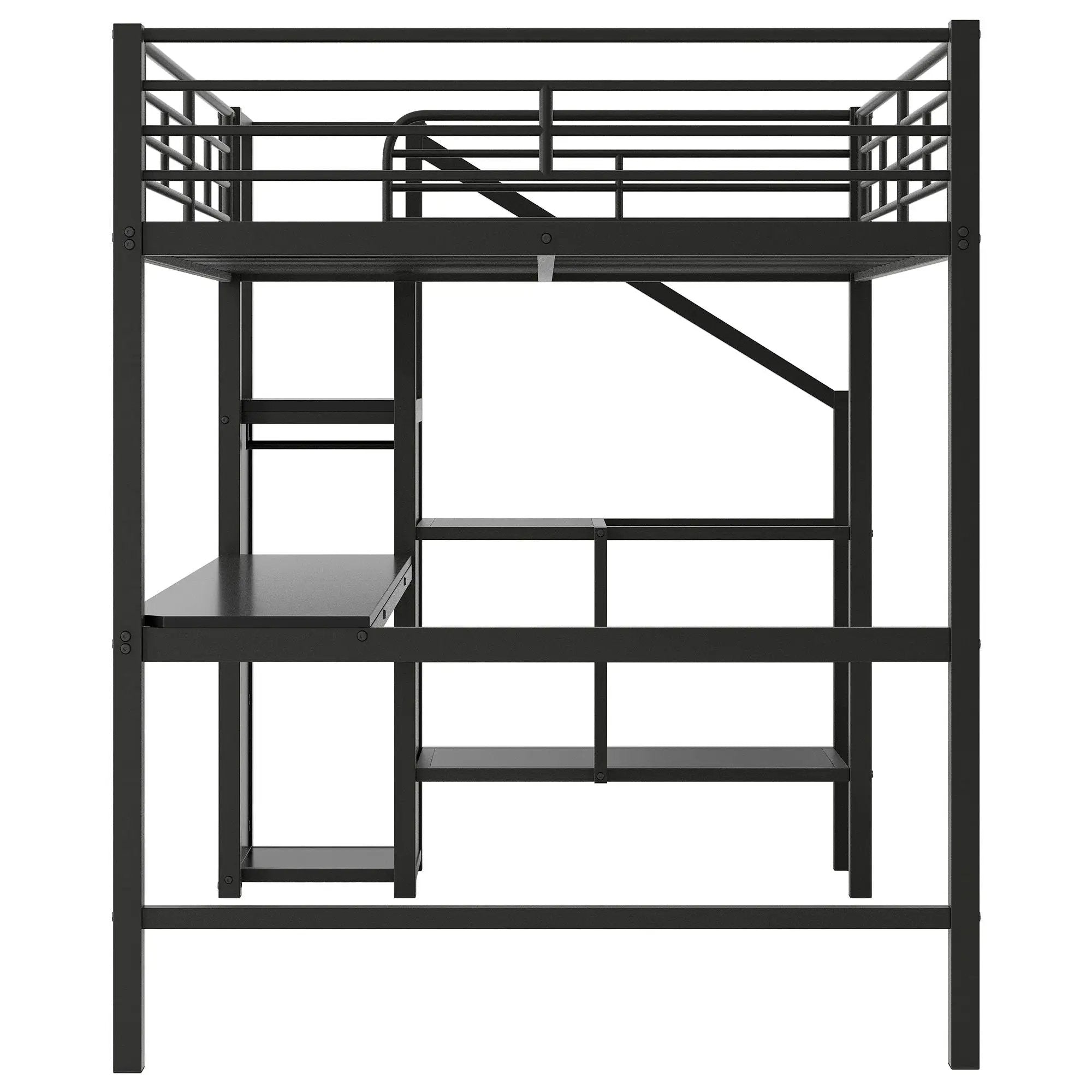Full Size Loft Bed With Desk, Storage Staircase, Small Wardrobe And LED Light - Black by HouseOfZazla
