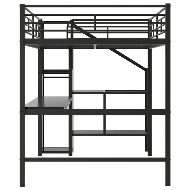 Full Size Loft Bed With Desk, Storage Staircase, Small Wardrobe And LED Light - Black by HouseOfZazla