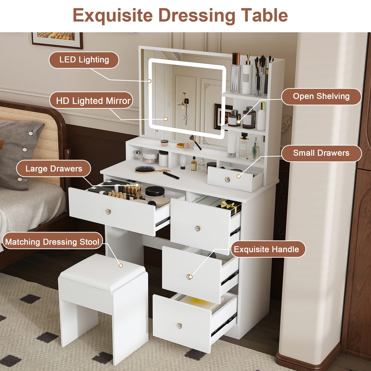 Fashion Vanity Desk with Mirror & 3-Color Dimmable LED Lights by HouseOfZazla