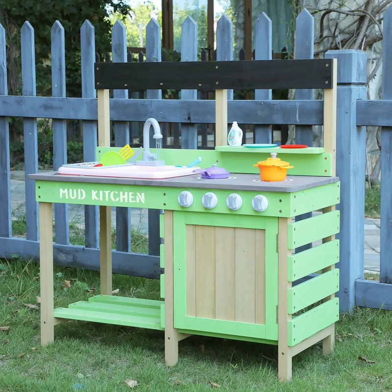 Kids Play Kitchen With Mud Kitchen Set & Water Play Toys For Outdoor Use - Green by HouseOfZazla