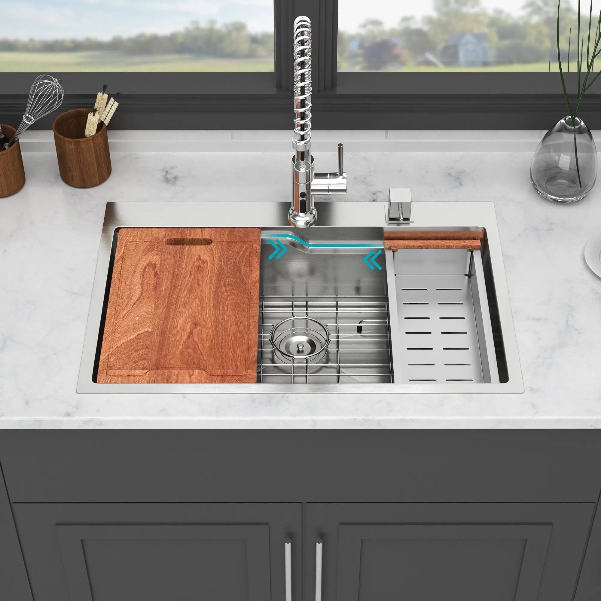 33 x 22 inches Brushed Nickel 33' Drop in Kitchen Sink with Ledge Workstation, Single Bowl, 16 Gauge Stainless Steel by HouseOfZazla