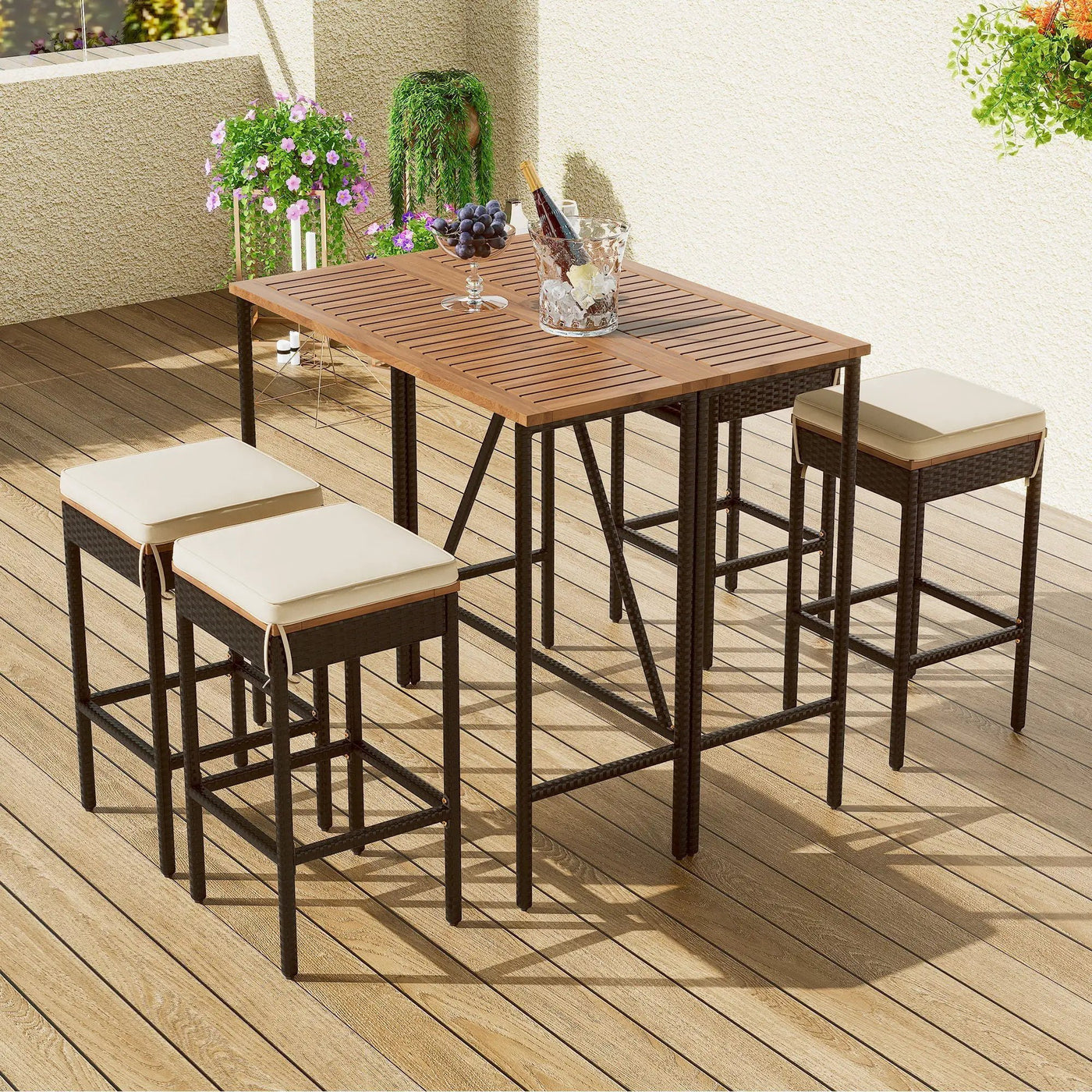 Outdoor Acacia Wood Bar Height Table and Eight Stools with Cushions by HouseOfZazla