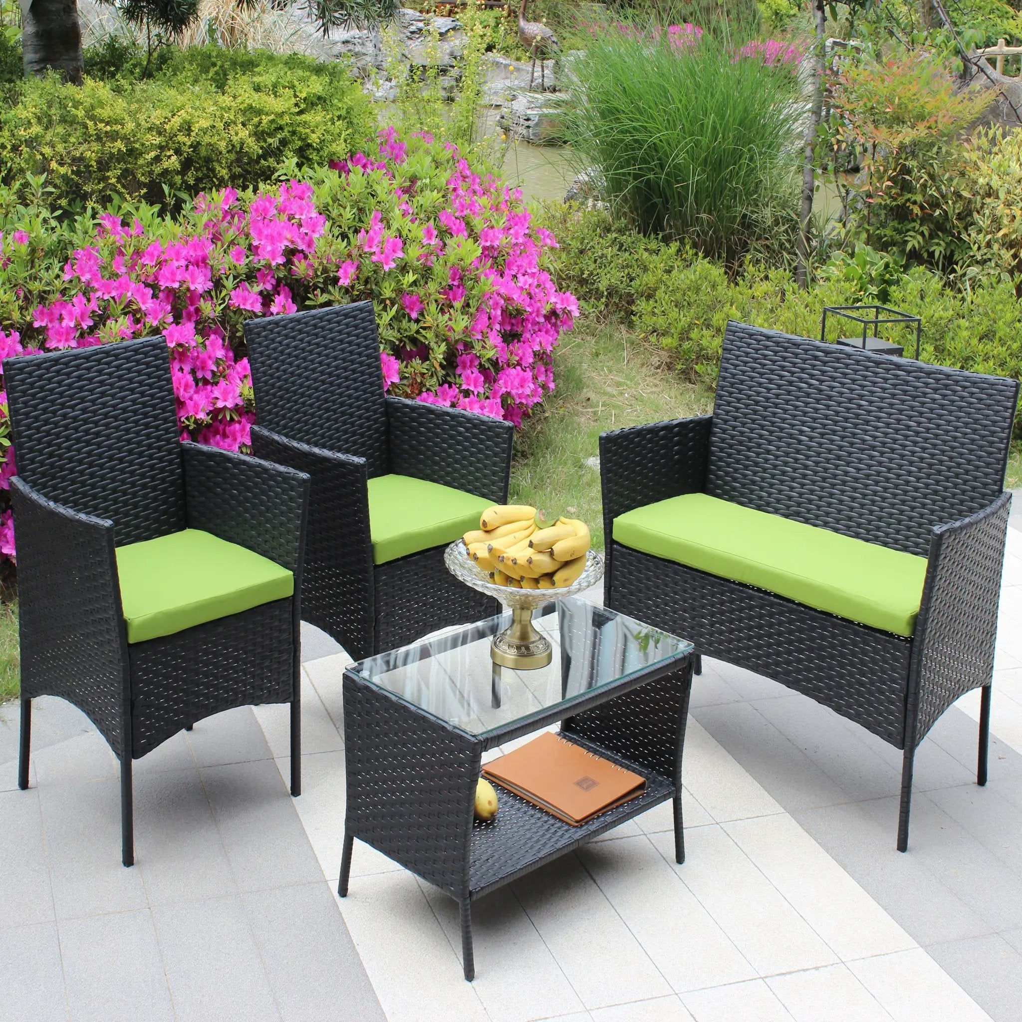 4 PC Rattan Patio Furniture Set Outdoor Cushioned Wicker Sofa Green Cushion by HouseOfZazla