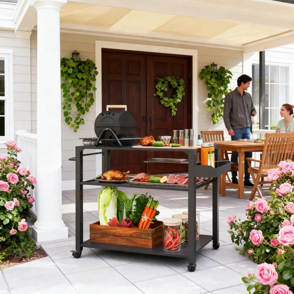 Movable Oven Table on Wheels - 3-Tier Outdoor Grill Cart by HouseOfZazla