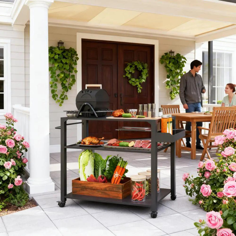 Movable Oven Table on Wheels - 3-Tier Outdoor Grill Cart by HouseOfZazla