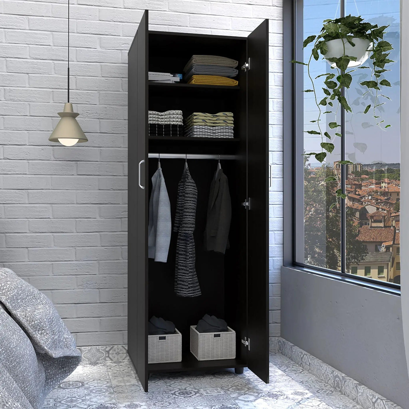 Armoire Organiser, Two Shelves, Rod, Double Door Cabinet Armoire by Unique Piece Furniture