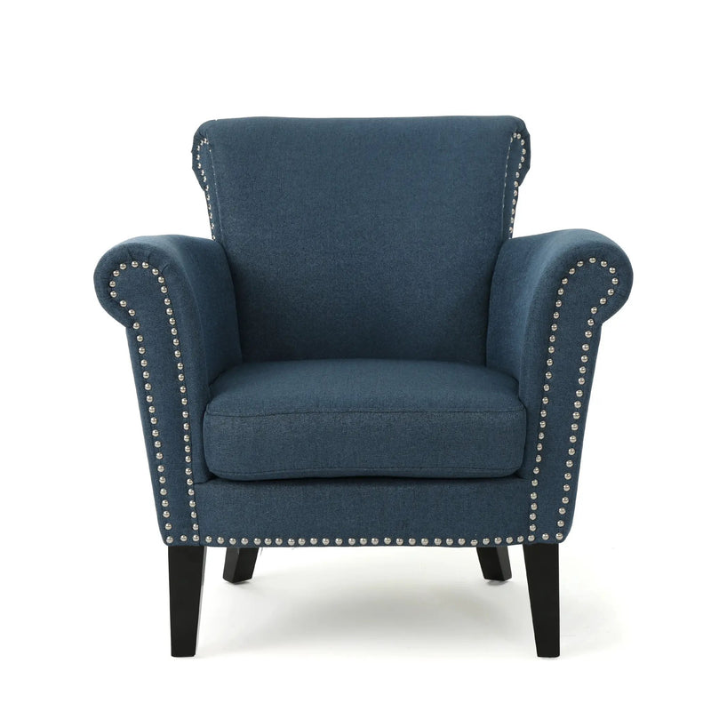 Elegant Navy Blue Fabric Club Chair with Nailhead Trim and Birch Wood Legs by HouseOfZazla