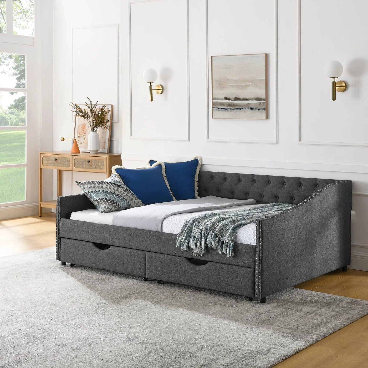 Upholstered Tufted Daybed With 2 Drawers, Waved Arms by Unique Piece Furniture