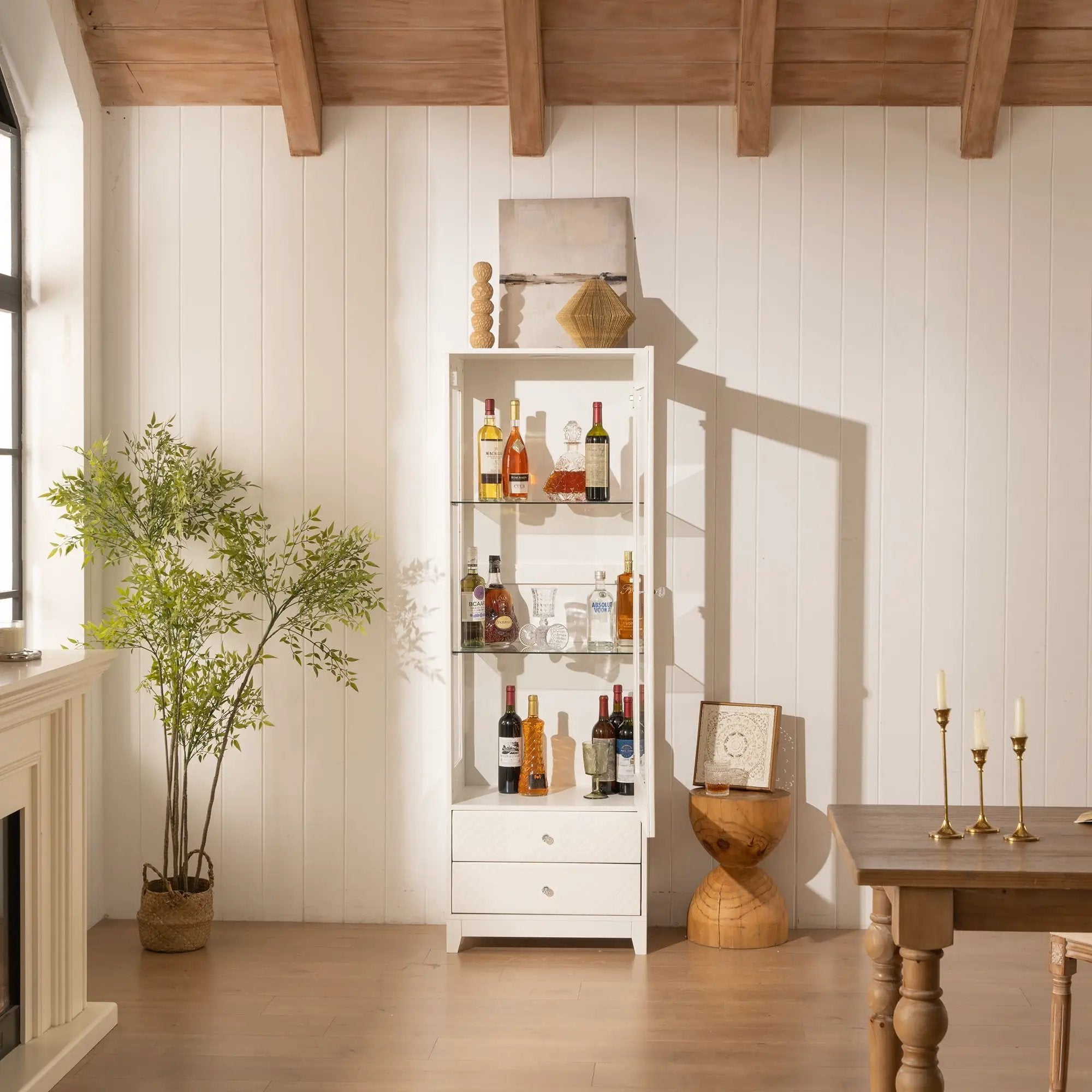 Modern Upholstered Glass Display Cabinet With Adjustable LED Light - White by Unique Piece Furniture