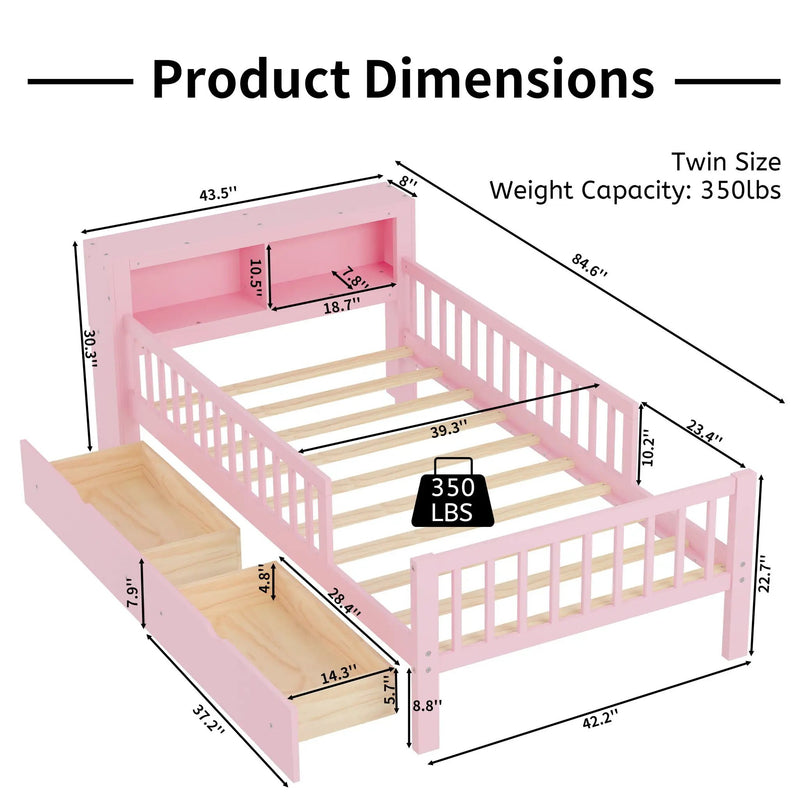 Bed With Headboard Storage Rack, 2 Under Bed Drawers, 3 Side Guardrails For Safety by HouseOfZazla