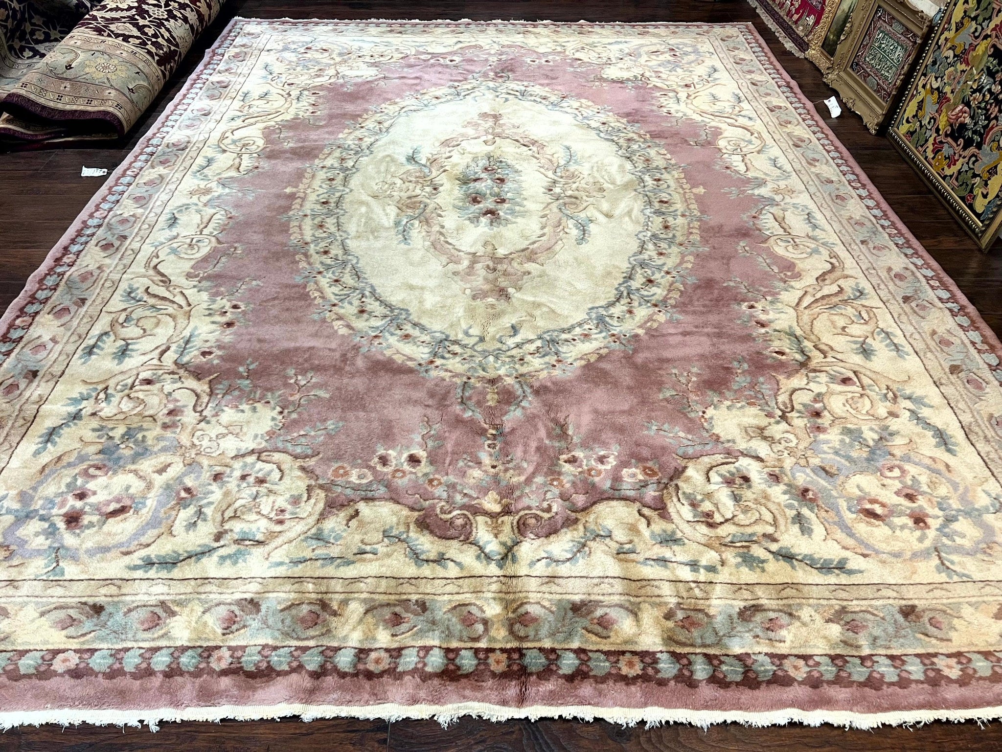 Indo Chinese Aubusson Wool Rug 10x14, Pink and Cream, Handmade Vintage Wool Carpet, Elegant European Design by Jewel Rugs
