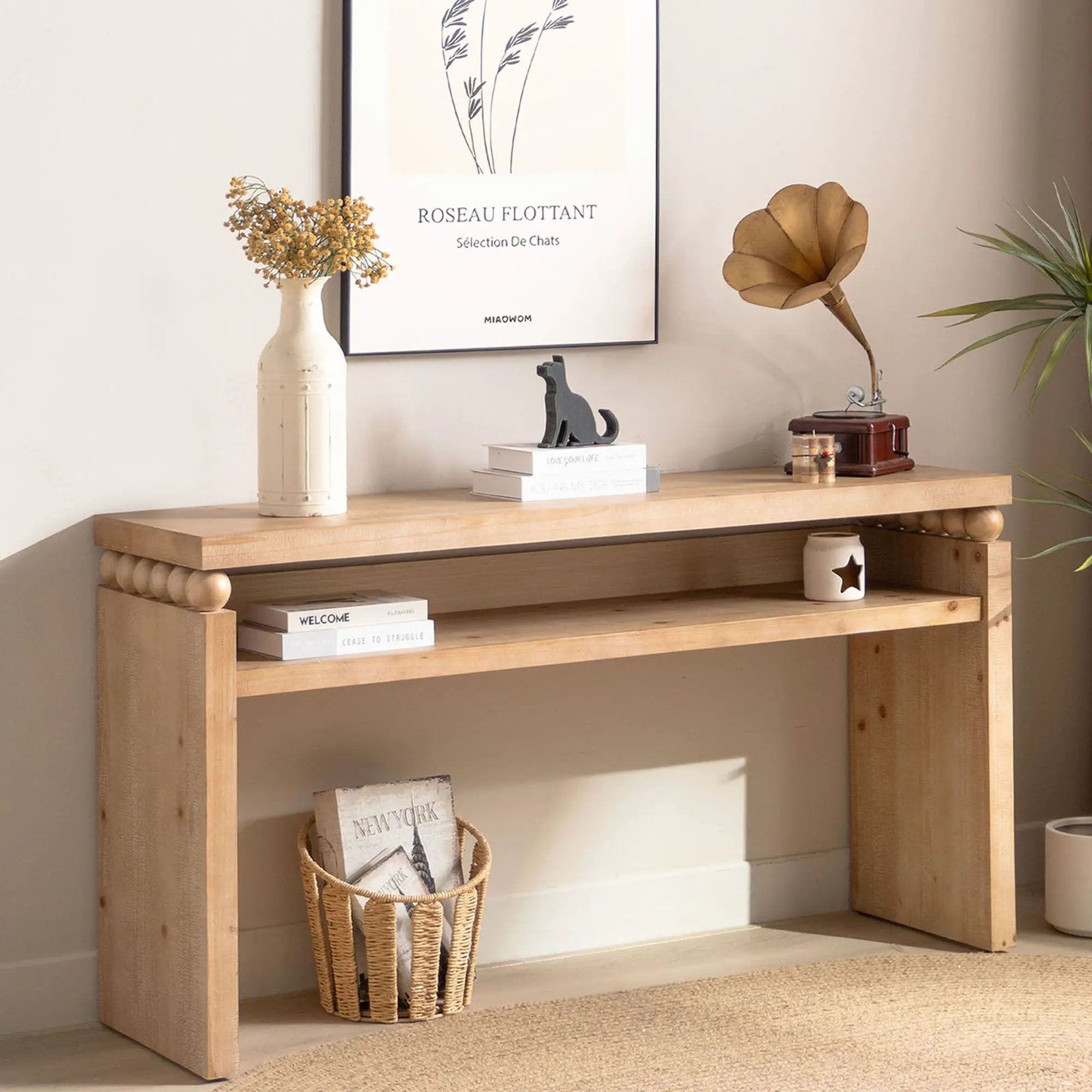 Modern Rustic Console Table, Wood Entryway Table With Shelf & Decorative Bead Detail - Natural by Unique Piece Furniture