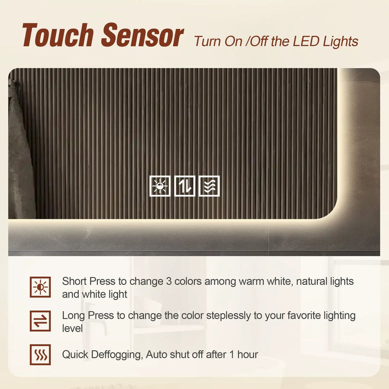 Wall Mounted LED Lighting Mirror With 3 Color Lighting, Dimming, Waterproof, Anti Fog, Touch Switch - Silver by HouseOfZazla