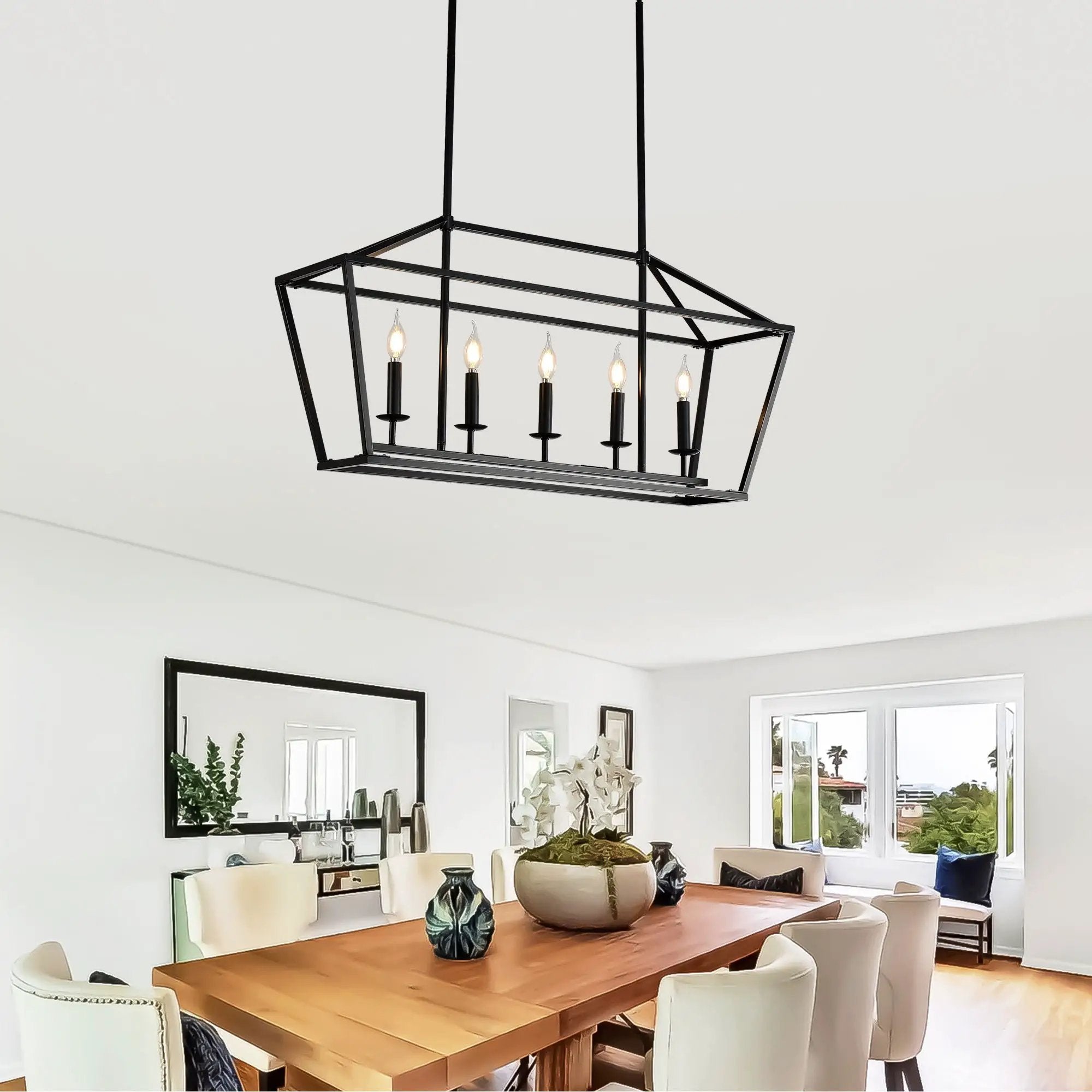 5 Light Farmhouse Kitchen Island Lighting, 5 Light Industrial Linear Chandelier For Dining Room Metal Hanging Pendant Light Fixture For Bedroom Living Room Hallway Conference Room - Matte Black by HouseOfZazla