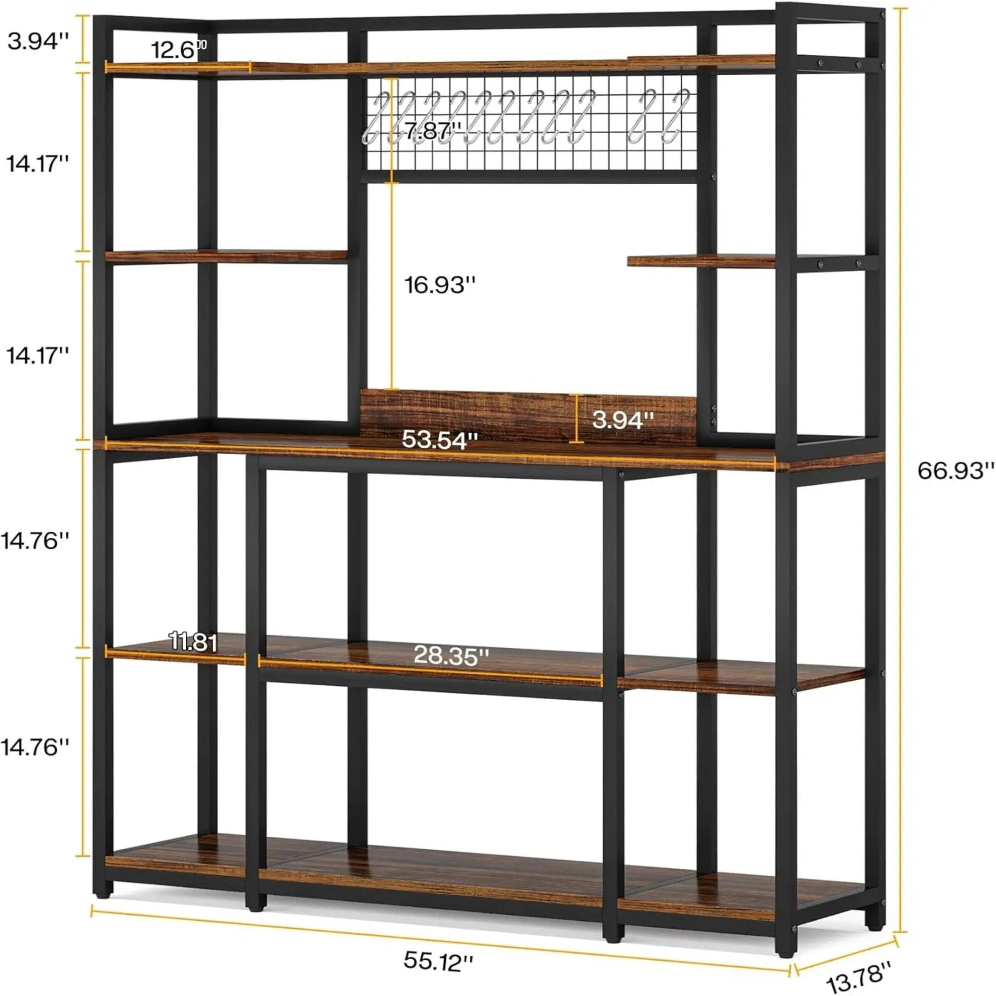 Baker's Rack With Hutch, 5 Tier Kitchen Storage Shelf, Freestanding Utility Pantry Organizer With Hooks And Microwave Stand - Black by HouseOfZazla