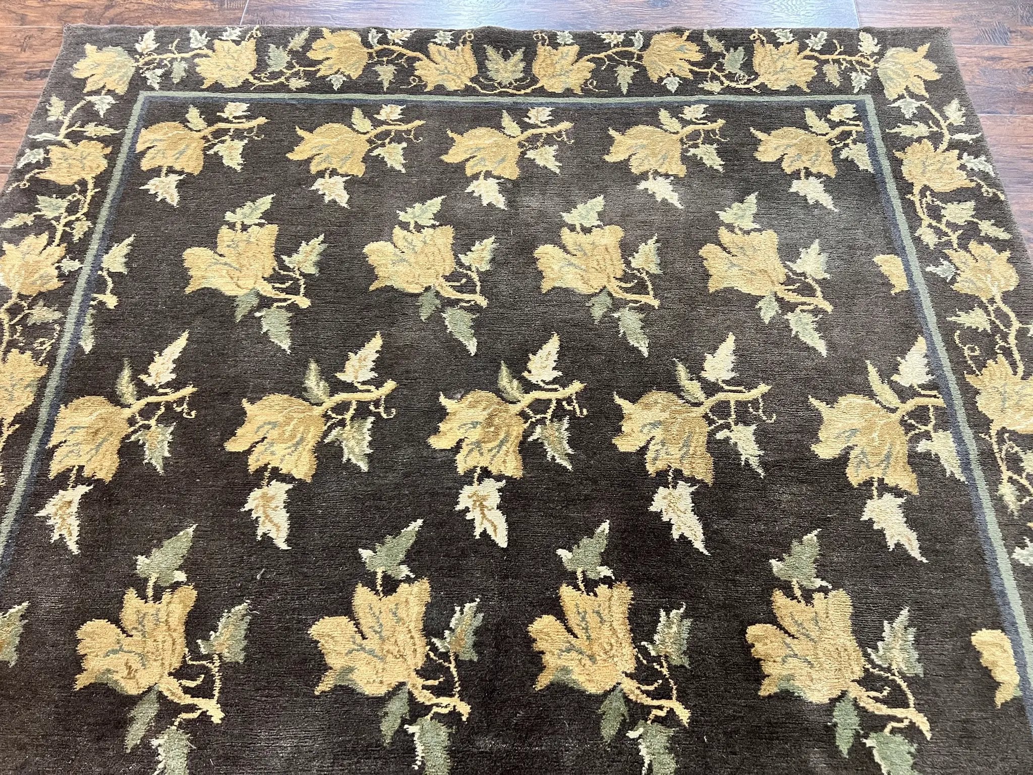 Tibetan Nepal Rug 6x9, Wool Hand Knotted Vintage Carpet 6 x 9, Dark Green & Golden Yellow, Floral Bouquets by Jewel Rugs