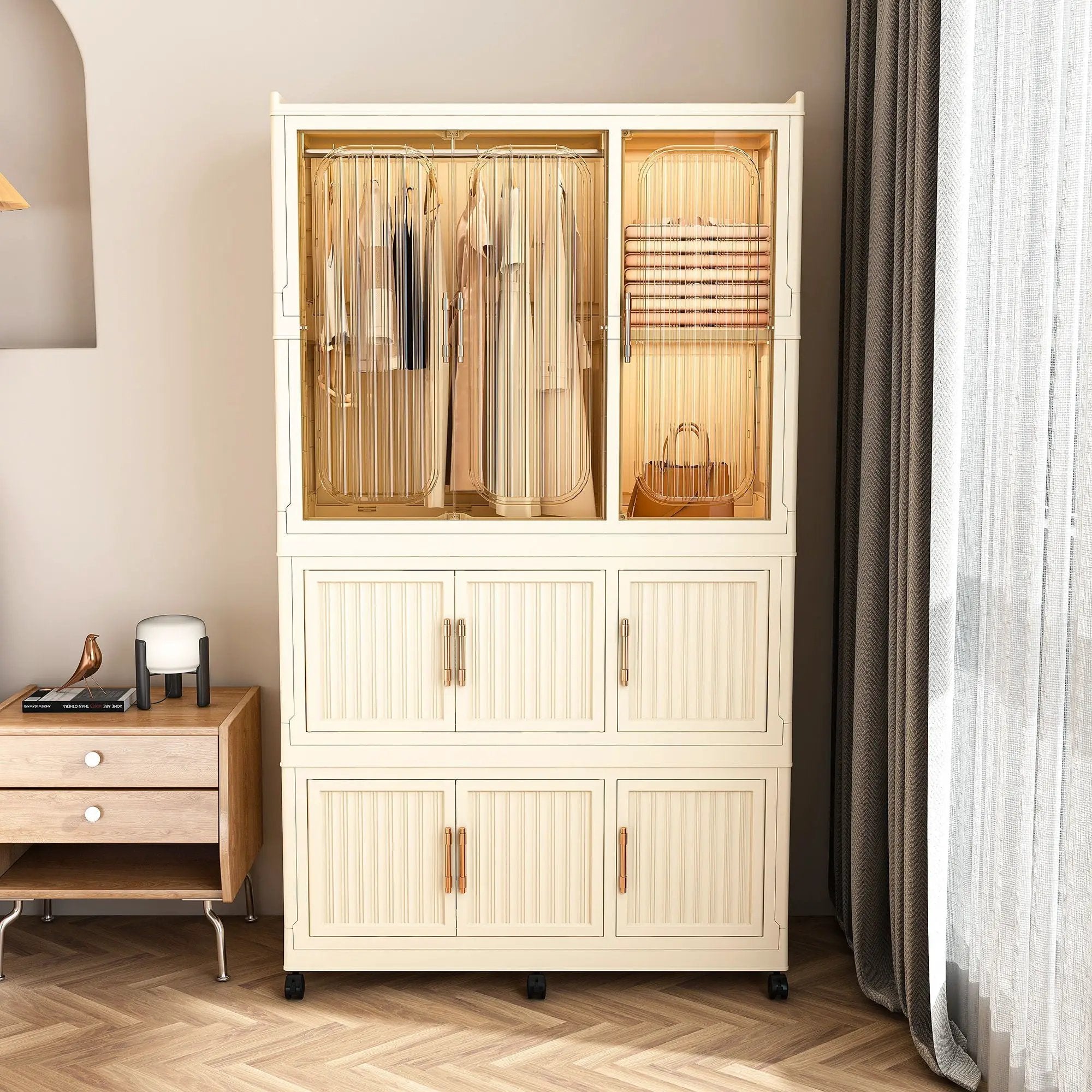 Portable Wardrobe Closet Storage Organizer With 9 Magnetic Doors - Cream White by Unique Piece Furniture